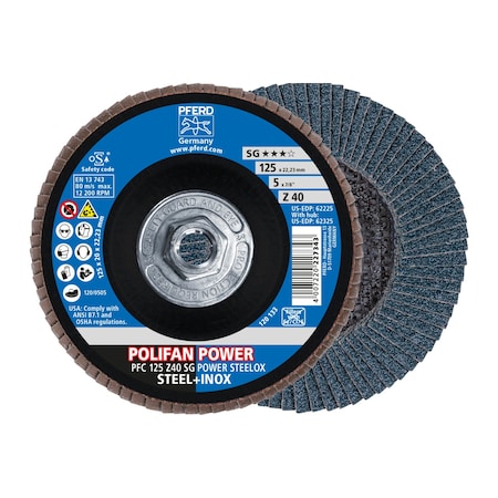 Pferd 5" x 5/8-11 Thd. POLIFAN Flap Disc - Z SG POWER STEELOX, Zirconia, 40 Grit, Conical 62325